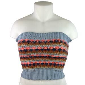 BCBGeneration Blue Stripe Crochet Strapless Tube Bandeau Knit Crop Top Size M